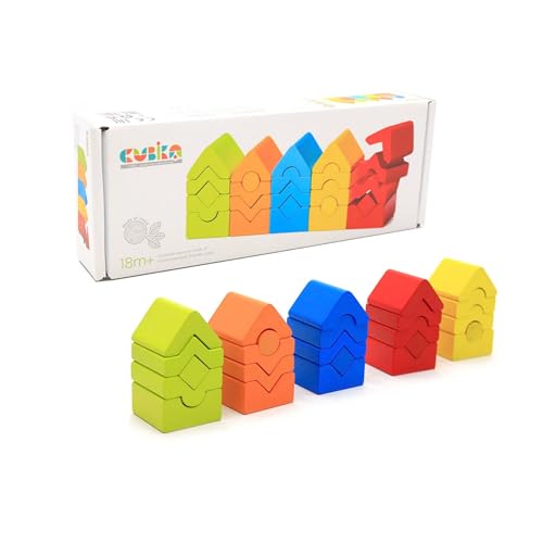 Image of CUBIKA Wooden Construction Tower Set - 25-Piece Construction Play Set with Emotion Characters for Toddlers 2+- Montessori Toy for Creativity, Cognitive Development, and Emotion Recognition