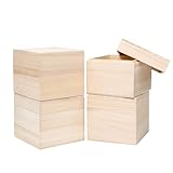 Sixfolo 4 Pièces Petite Boîte en Bois Brut 11x11x9.8cm Boîte de Rangement Bois avec Couvercle Supérieur Carrée Coffret en bois Non Peinte pour Travaux Manuels et Rangement à Maison