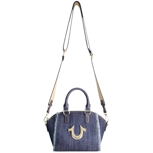 True Religion Satchel Bag, Women's Frayed Denim Purse Shoulder Handbag with Horseshoe Logo, Denim