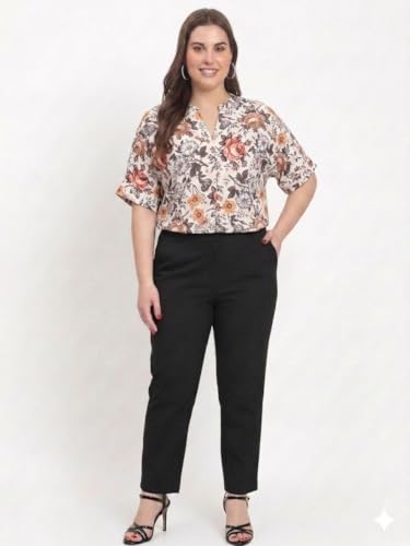 Image of SINDOORI Relaxed Fit Tops for Women Plus Size Solid Printed Mandarin Collar, Band Collar, V-Neck Top, Half Sleeve Loose Fit
