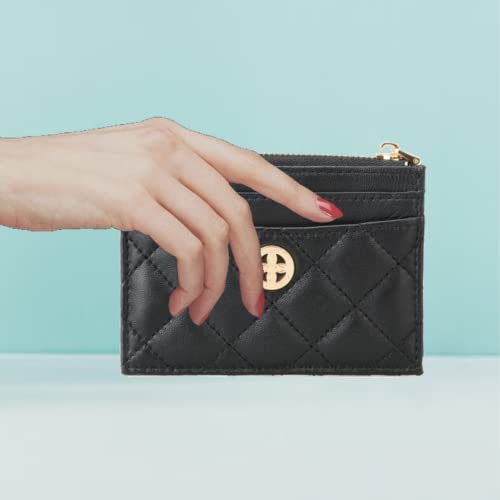 Peony Supreme Luxury Black Quilted Leather Card Case With Snap Hook And Key Ring Holder Credit Small Wallet Compact Business Money Organizer Gift For Women Girl #TOP5