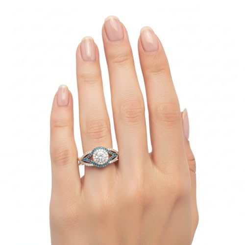 Image of Choose Your Gemstone Round Twisted Pave Double Halo Diamond CZ Ring Yellow Gold Plated Round Shape Double Halo Engagement Ring for Women, and Ladies US Size 4 to 12