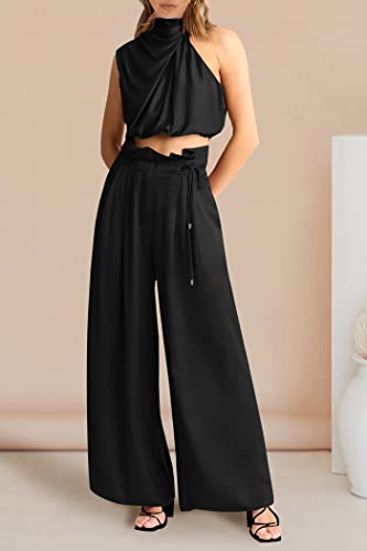Image of PRETTYGARDEN Women's 2 Piece Outfits 2023 Summer Casual Sleeveless Mock Neck Crop Tops Wide Leg Pants Set