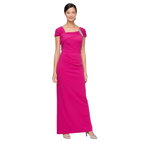 Image of Alex Evenings Women's Long Crepe Mother of The Bride Dress with Ruched Asymmetric Neckline & Embellishment, Formal Events