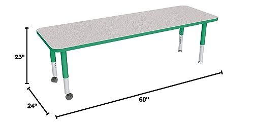 Image of Sprogs Adjustable Height Mobile Classroom Activity Table for Preschools, Rectangle Preschool Activity Table with Casters, 24 inchD x 60 inchW x 23 inchH, Gray /Green