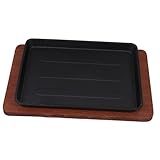 ZUNOXAZ Sartén de Hierro Fundido Resistente con Base de Madera Placa Cuadrada Antiadherente para Cocinar Bistecs Verduras y Parrilla Cocina Hogar y Restaurante