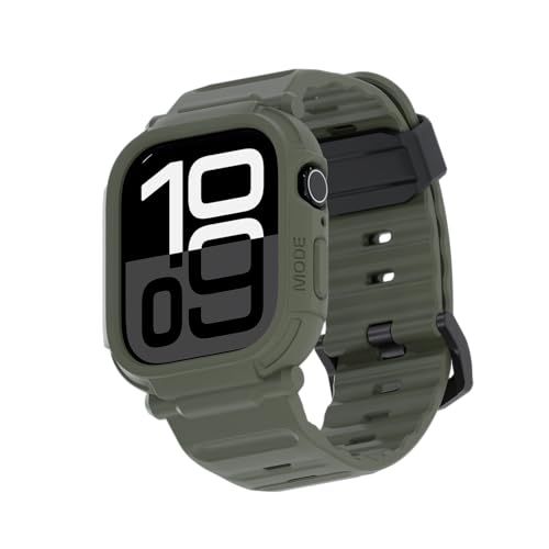 Image of elkson Bands Case for Apple Watch Series 9 45mm SE 44mm Men, Rugged Heavy Duty Bumper Tactical Strap Quattro Pro 2.0 Series iWatch, Military Grade Durable Protective Cover, Shock Proof, Green