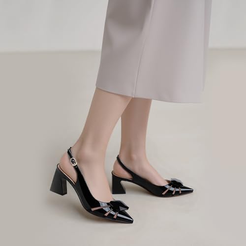 Women's Chunky Heel Slingback Pumps Patent Leather Pointed Toe Dress Shoes3