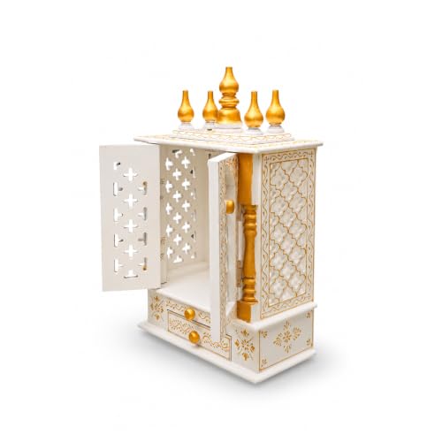 Image of Handmade Wooden Temple Mandir in White & Gold, Hand-Painted with Carved Panels; Perfect Decorative Pooja Shrine for Home or Office, 30x15x40 cm