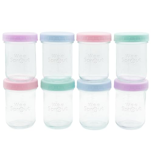 Image of WeeSprout Baby Food Storage Glass Jars w /Lids (8 oz, 8 Pack) Pastel Variety, Snack, Reusable Small Containers, Fridge or Freezer, Microwave & Dishwasher Safe, Essentials for Infants