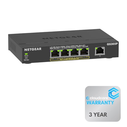 Image of NETGEAR GS305P 300 Series 5-Port 𝐆𝐢𝐠𝐚𝐛𝐢𝐭 𝐏𝐨𝐄+ Desktop Switch | 63W PoE+ Power | Stay Protected with Cloud Care's 3 Year Warranty SupportPlus