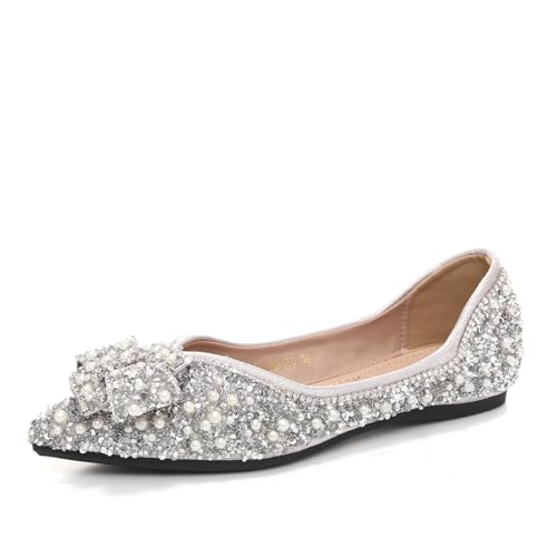HROYL Women Rhinestone Flats Dressy Shoes Wedding Ballroom Party Evening Ballet Flats YSX-658-99