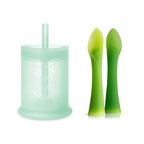 Image of Olababy 100% Silicone Training Cup with Straw Lid (Mint) and Training Spoon Set Bundle