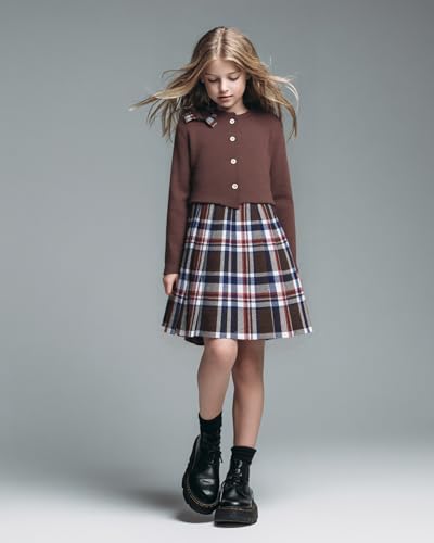 Image of PureChapter Girls' Preppy Clothes Plaid Vest Dress Cardigan Jacket Belt Cute Kids Clothes 7-14Y Green