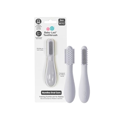 Image of ezpz Baby-Led Toothbrush (Pewter) - 3 Months + - 100% Silicone Infant Toothbrush with Sensory Bumps - Cleans Gums + New Teeth - Improves Hand-to-Mouth Coordination, Self-Feeding Skills