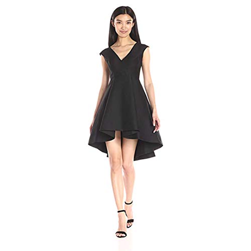 Halston Heritage Women s Cap Sleeve V-Neck Structured Dress with High Low Skirt, Black, 6