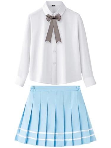 2 Pcs Kids Girls Long Sleeve Button Up School Uniform Shirts With Skirt Set Outfit