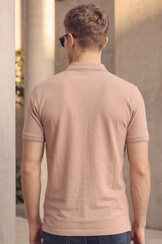 Image of Louis Philippe Men's Slim Fit Single-Tuck Pique Stylized Sleeve Print and Contrast Tipping Half Sleeve Solid Cotton Polo Tshirt