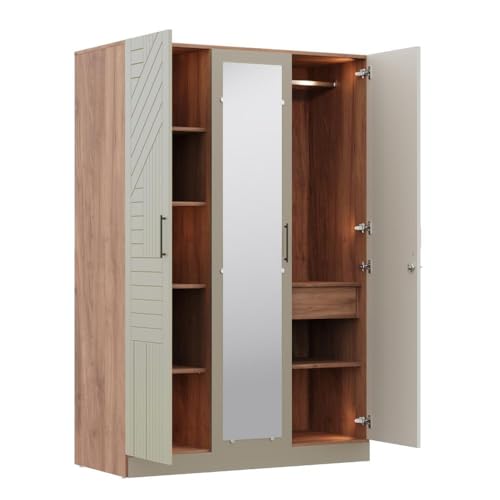 Image of Wakefit Wardrobe for Bedroom | 3 Yr Warranty | Cupboard for Bedroom, Almirah, Wooden Wardrobe, Comes with LED light, Storage Drawer, Mirror & Hanger, Density:680-750kg /m, Free Installation(Tyrian-CB)