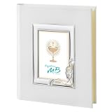 Album Fotografico Personalizzabile per la Prima Comunione con Calice e Spiga Dorati, Personalizzabile con Incisione sulla Cornice in Argento, Copertina in Ecopelle Bianca