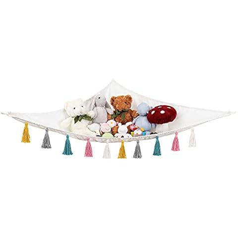 Mkono Toy Hammock Macrame Hanging Holder Net with Colorful Tassels Boho Corner Toys Storage for Stuff Animals Organiser Nursery Play Room Bedroom Kid Room 41"x 41"x57" Cover