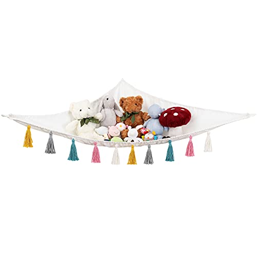 Image of Mkono Stuffed Animal Toy Hammock Hanging Macrame Stuff Animals Organizer Storage with Colorful Tassels Boho Large Corner Plush Toys Net Holder for Nursery Play Room Bedroom Kid Room, Small, White