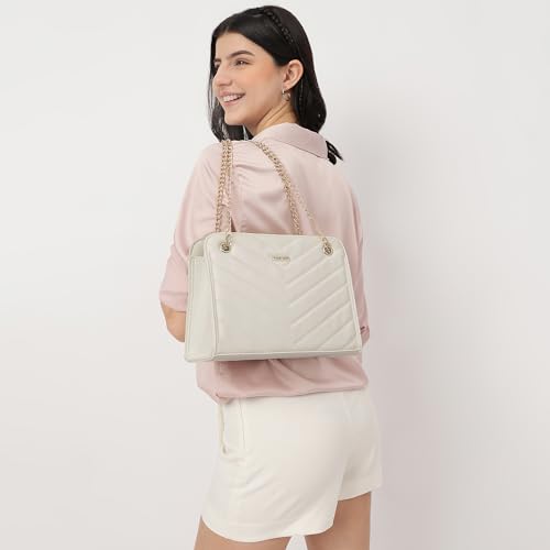 Image of Fastrack Women's Quilted Shoulder Bag with Metal Chain Strap Accents | Main Zip Compartment and Inner Slip and Zip Pockets | Stylish Everyday Bag | Trendy Women's Handbags