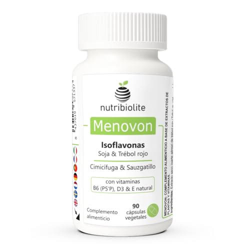Suplemento Natural Menopausia con Isoflavonas de Soja y Trébol Rojo, Cimicífuga, Sauzgatillo y Vitaminas D3, B6 y E – Sin aditivos 90 Cápsulas (3 Meses) | Menovon Nutribiolite