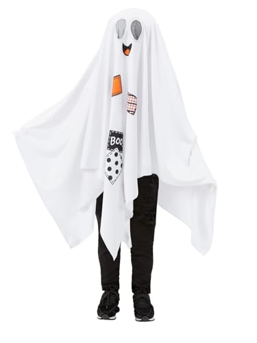 Smiffys Boo Ghost Costume Hooded Poncho with Internal Headband, Halloween Child Fancy Dress, Ghost Dress Up Costumes Age 3-4