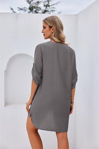 Image of Ekouaer Bathing Suit Cover Up for Women V Neck Button Down Swimsuit Coverup Beach Dress Shirt S-3XL
