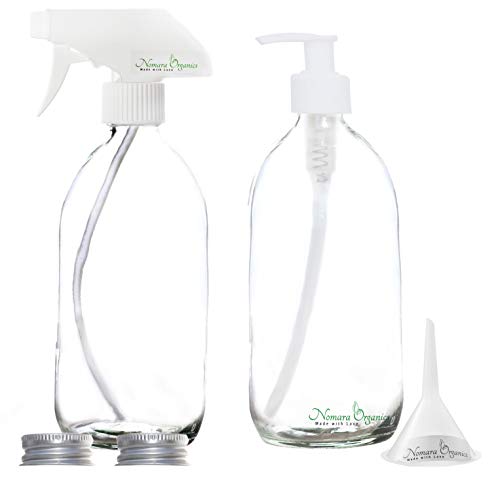 Nomara Organics Made with Love Clear Glass Spray + Dispenser di sapone / lozione Set 500 ml Pompe Bianche Imbuto Ecologico Riutilizzabile per il bagno/lavaggio a mano/igienizzante/detergente.