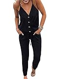 Adibosy Women V Neck Jumpsuits Strap Sleeveless Summer Rompers with Pockets Button Black S