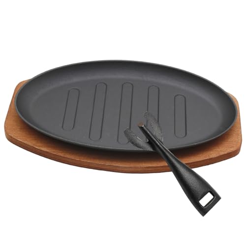 Cast Iron Steak Plate Sizzle Griddle, Round Shape Grill Fajita Server Plate, with Wooden Base Steak Pan, Household use or Restaurant Supply (10