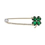 Elegant Four-Leaf Clover Safety Pin Brooch with CZ Crystals, Elegant Rhinestones Shamrock Label for Women Girls- Dainty Scarf Dress Jewellery Gift Party Birthdays (Green)