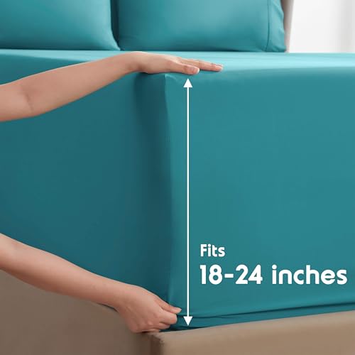 Image of Nestl Extra Deep Queen Sheet Set - 6 Piece Breathable & Cooling Sheets - Hotel Luxury Bedding Set w /18-24 Inch Deep Pockets - Easy & Secure Fit - Super Soft, Wrinkle Free & Comfy - Teal