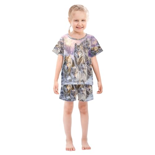 ALAZA Wolf Family Pajamas Set Short Sleeve Cotton Sleepwear Summer Pjs 2 Piece 5-14Y3