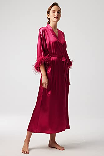 PRODESIGN Satin Kimono Robe Long Silky Bath Robe with Ostrich Feather Trim Sleepwear Wedding Bridesmaid Robe