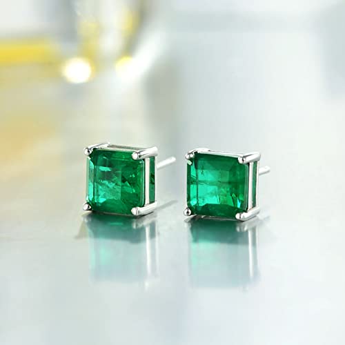 Sterling Silver Emerald Earrings, 4 Carat/Pair (7Mm) Lab-Created Square Emerald Stud Earrings For Women Hypoallergenic Jewelry For Her Birthday Christmas Mothers Day Gifts #TOP1