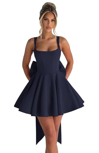 Image of Basgute Satin Short Homecoming Dresses with Bow Corset HOCO Dress A Line Mini Formal Prom Graduation Gown