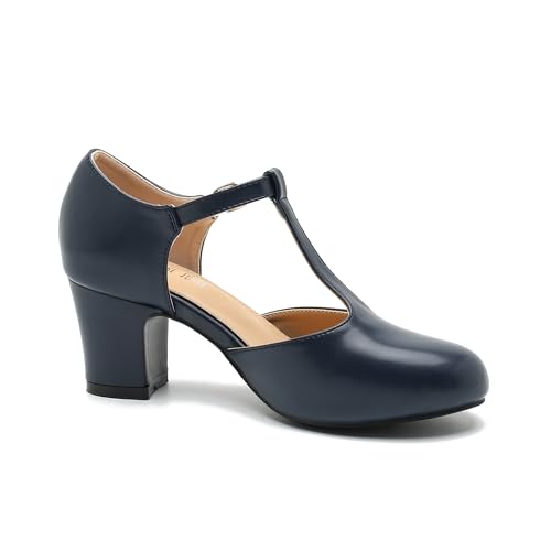 Women's T Strap Mary Jane Shoes Mid Block Chunky Heel Buckle Dress Pumps 6