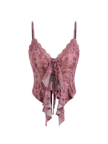 Image of CIDER Going Out Tops for Women Y2K Tie Front Lace Cowgirl Crop Tops | Asymmetrical Ruffle Hem, Spaghetti Strap, Country Concert, Western, Summer Outfits