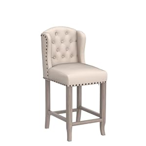 Modern 26" Linen Counter Height Stools Set of 2, Upholstered Button Tufted Counter Stools with Solid Wood Legs Wingback Low Bar Chairs with Nailhead Trim for Kitchen Home Bar, Beige Modern 26 Linen Counter Height Stools Set of 2 Upholstered Button Tufted Counter Stools with Solid Wood Legs Wingback Low Bar Chairs with Nailhead Trim for Kitchen Home Bar Beige