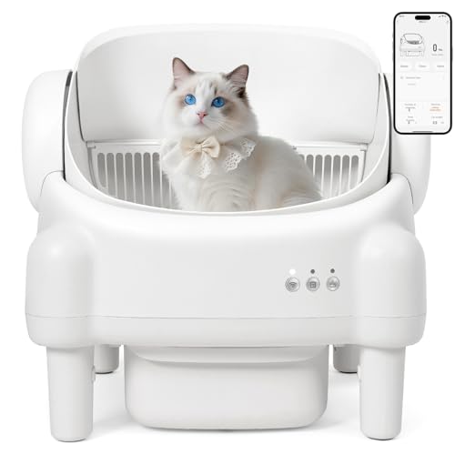 Self Cleaning Litter Box,Open Top Automatic Litter Box with App Control for Multiple Cats, Safety Sensors Protection, Odor Control Includes 2 roll Liners,Large Waste Bin, Cream White