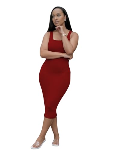 Image of TOPSRANI Women Sexy Midi Dress Bodycon Casual Sleeveless Basic Ruched Tank Summer Club Party Dresses