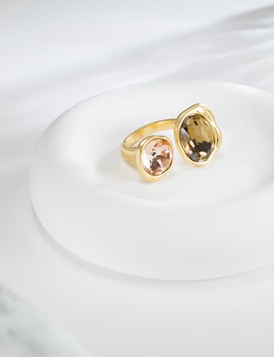 Open Statement Ring Cocktail Ring Cubic Zirconia Crystal Gemstones Antiqued Gold Plated Adjustable Open Band Vintage Jewelry for Women Size 6-82