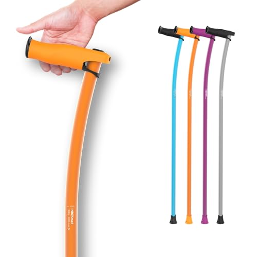 INDESmed | Bastón de Aluminio Aeroespacial 100% Ultraligero - Patentado - Ajustable milimétricamente, Ultrarresistente, Mango ergonómico Anti-tendinitis, Ortopédico-Diseñado en España (Naranja, M)