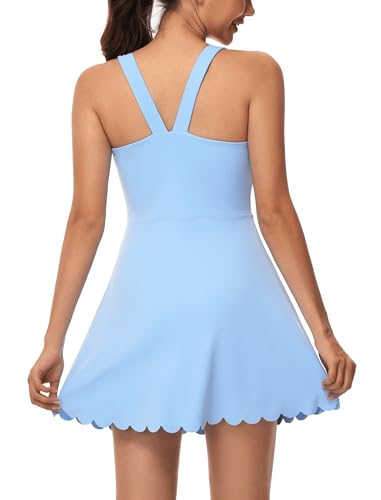 Tanou Womens Tennis Dress with Separated Shorts & Bra U Neck Golf Sleeveless Athletic Workout Scalloped Dress with 2 Pockets2