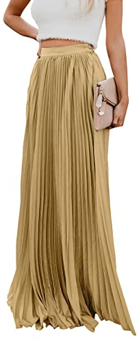 ebossy Women's High Waist Flowy Pleated Chiffon Maxi Skirt (Large, Khaki)