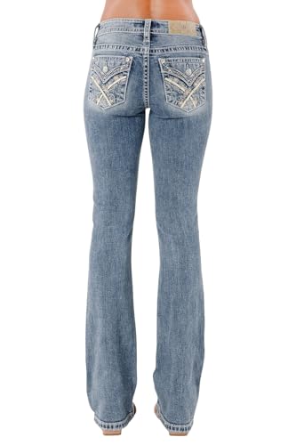 Miss Me Women's Zinnia Cross Stitch Embellished Faux Flap Pockets Mid-Rise Bootcut Jeans