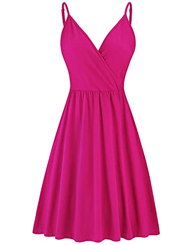 Newshows Women's 2025 Summer Beach Dress Hot Pink Spaghetti Strap Sleeveless V Neck Casual Swing Sundress with Pockets(Rose, Medium) - Image 4